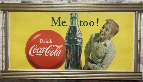 1957 Drink Coca Cola Me Too Bottle w/ Boy Cardboard Sign w/ Kay Frame
