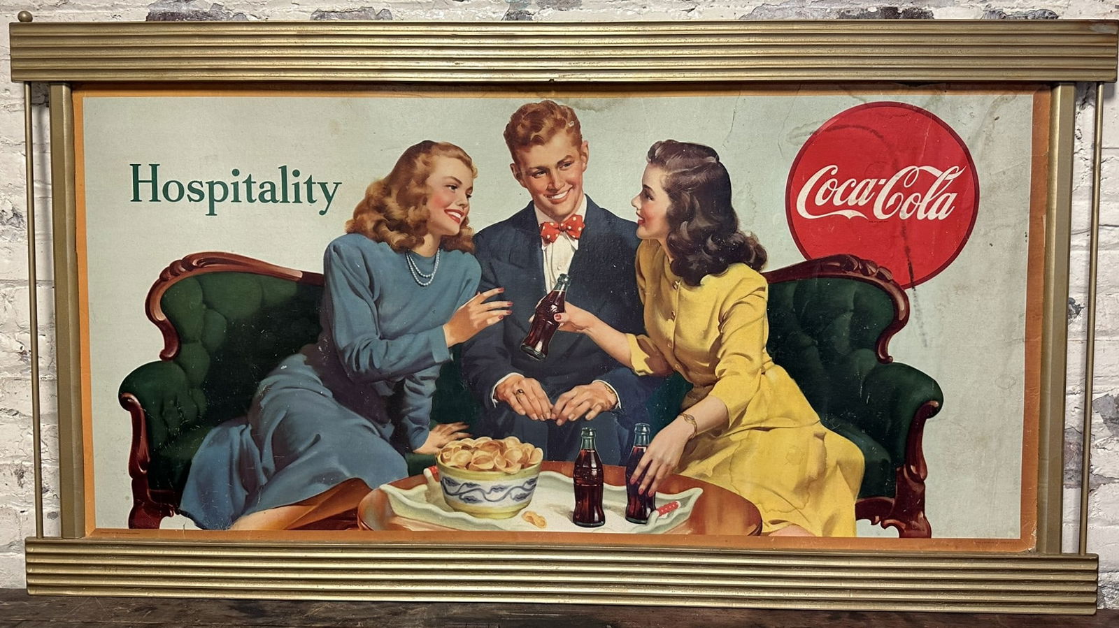 1947 Hospitality Coca Cola Advertising Cardboard Sign w/ Kay Frame 2 Ladies & Guy (1 of 10)