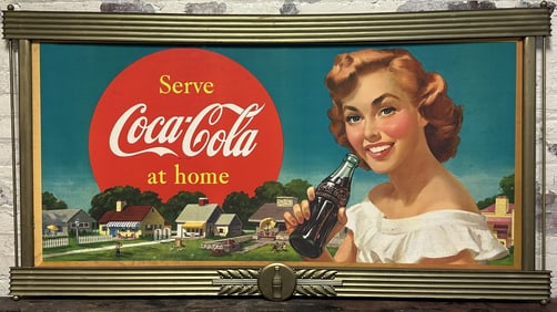 1952 Serve Coca-Cola At Home Cardboard Advertising Sign w/ Kay Frame