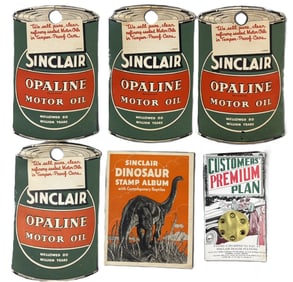 Lot 6 Sinclair Opaline Advertising Paper Cans, Dino Stamp Album & Premium Plan