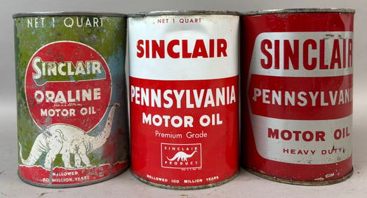 Lot 3 Sinclair Opaline Pennsylvania Heavy Duty Motor Oil Metal Quart Cans