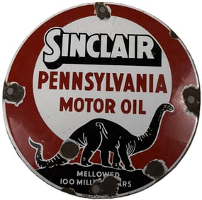 Sinclair Pennsylvania Motor Oil Melowed 100 Million Years 11" SSP Porcelain Sign
