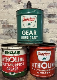 Lot 3 Sinclair Motor Oil Gear Lubricant & Litholine Grease 5 Gallon Cans