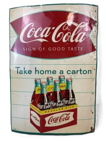 Coca Cola Fishtail Take Home A Carton SST Tin Sign Dated 1959