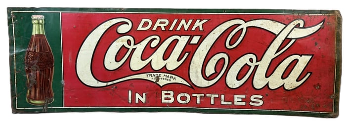 Drink Coca Cola In Bottles 3' SST Tin Embossed Sign w/ 1916 Bottle
