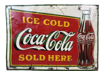 Coca Cola Ice Cold Sold Here 1933 SST Tin Embossed Sign