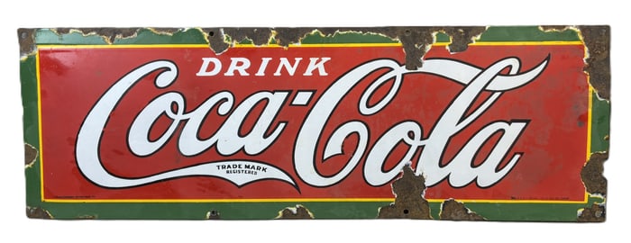 Drink Coca SSP Porcelain 30"x10" 1923 Dated Soda Sign