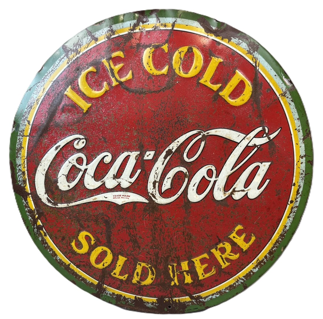 Coca Cola Ice Cold Sold Here 20" SST Embossed Watermelon Sign: Measures 19.5" diameter - wear as shown.