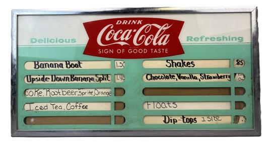 Drink Coca Cola Fishtail Glass & Metal Menuboard Ice Cream Pricer Sign