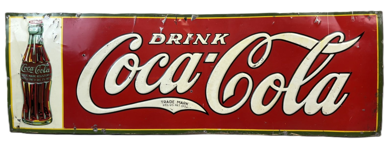 Drink Coca Cola Self Framed Embossed SST 1931 Metal Sign: Measures 34.75" x 11.5" - wear as shown