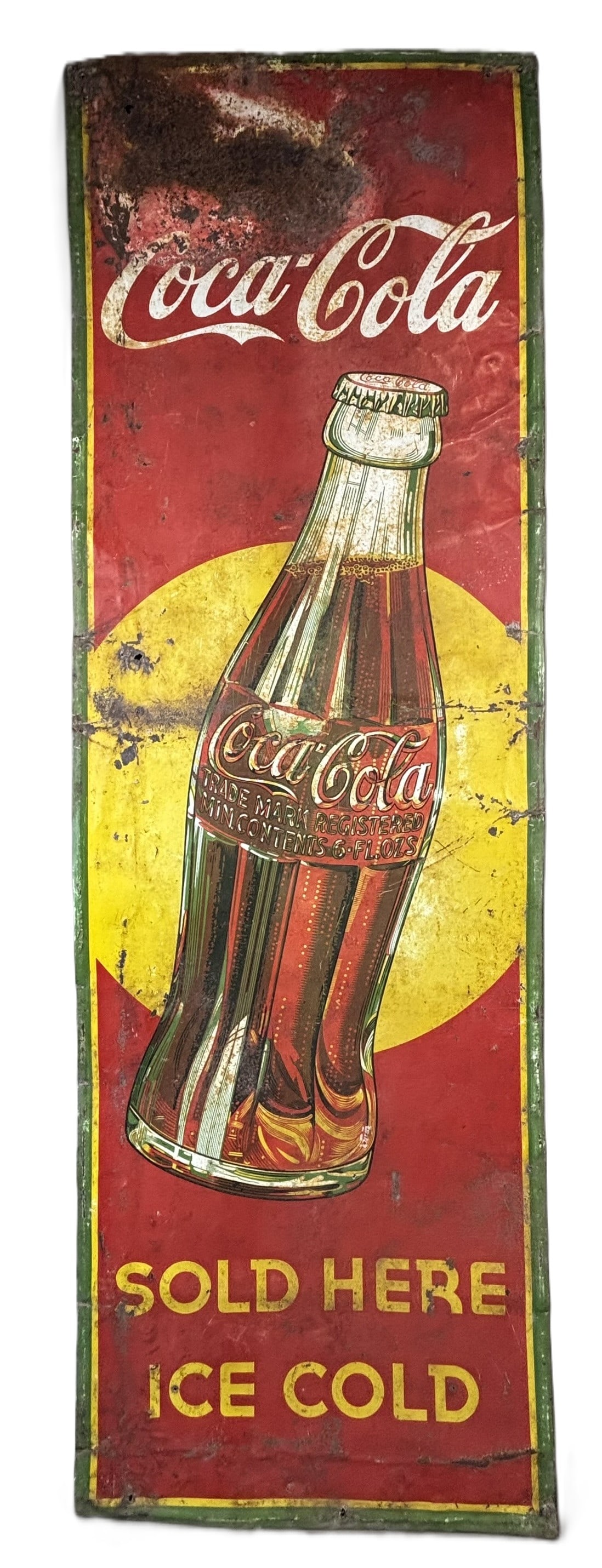 Coca Cola Sold Here Ice Cold SST Self Framed Soda Sign: Measures 17" x 53" - light wear as shown