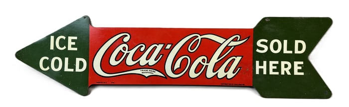 Ice Cold Coca Cola Sold Here DST Tin Metal Advertising Arrow Sign Dated 1927