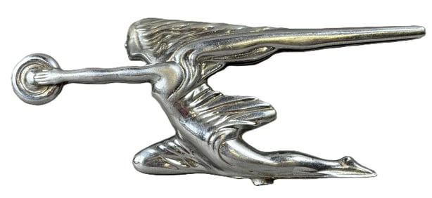 Ca. 1939-40 Packard Hood Ornament Goddess Speed Chasing Donut