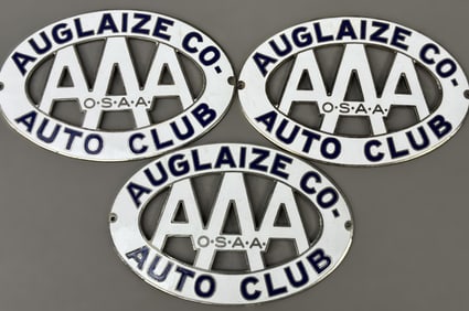 Lot 3 Auglaize Co Auto Club Ohio Porcelain AAA License Plate Topper