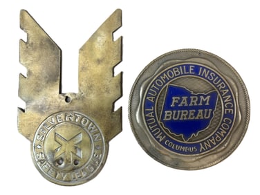 Pair Goodrich Silvertown & Farm Bureau License Plate Toppers