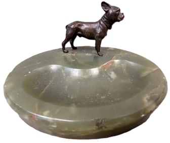 Antique 1920s Green Alabaster Cross Ashtray w/ Brass Bulldog