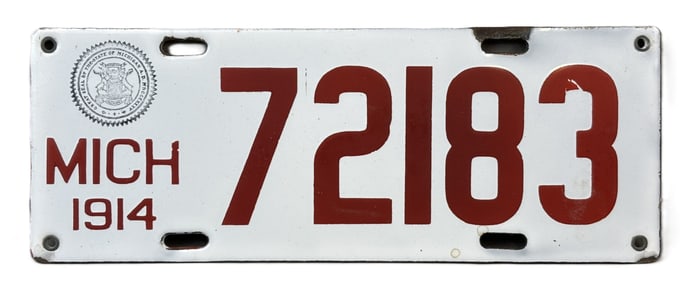 1914 Michigan 72183 Original Porcelain License Plate