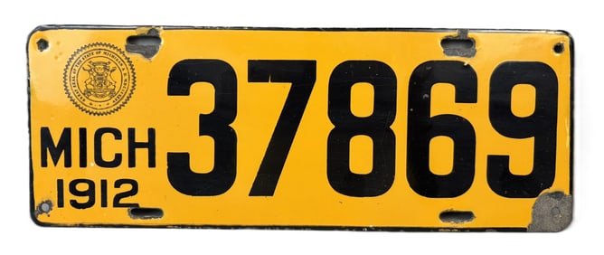 1912 Michigan 37869 Original Porcelain License Plate
