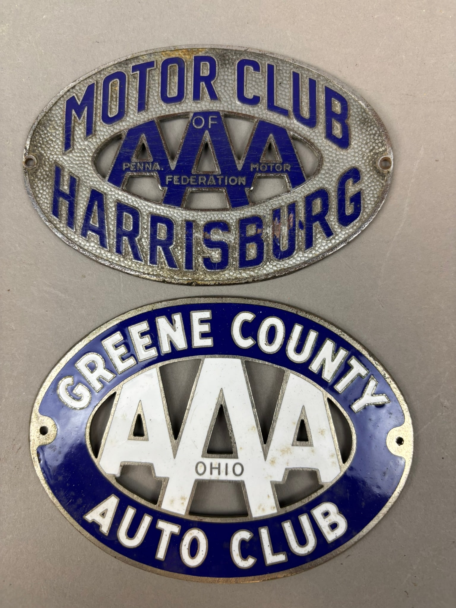 Pair AAA Harrisburg & Greene County Original Porcelain License Plate Toppers: See all photos for a better idea on condition. All items are sold as-is, where-is! This is a simulcast auction event, with in house bidding offered, along with multiple online bidding platforms. If yo