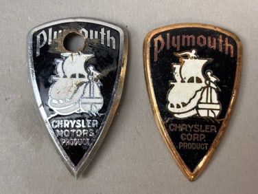 Pair Chrysler 1920s-30s Porcelain Enamel Radiator Badges