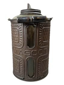 Antique 1920s Original Mascot Embossed Metal & Glass Gallon Bottle