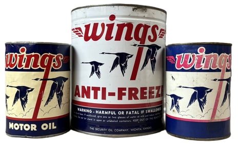 Lot 3 Original  Wings Cans 2 Full Motor Oil Quarts & 1 Gallon Anti Freeze