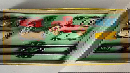 Original Hubley 1920s Cast Iron Boxed Toy Car Hauler Set