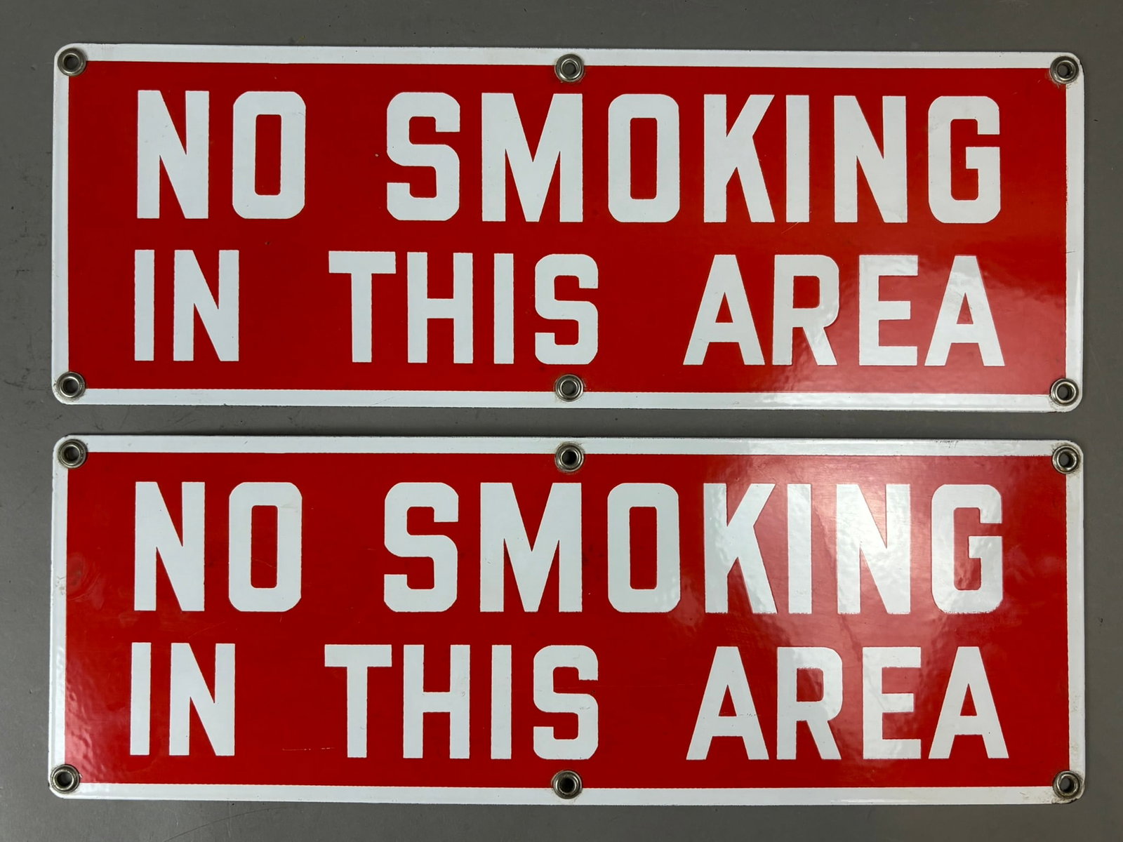 Pair No Smoking In This Area Gas Station Service Signs: 20"x7" See all photos for a better idea on condition. All items are sold as-is, where-is! This is a simulcast auction event, with in house bidding offered, along with multiple online bidding platforms