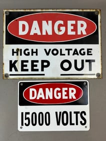 Pair Danger High Voltage & 15000 Volts SSP Porcelain Signs
