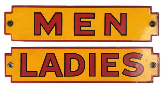 Pair Men & Ladies 1930s Shell Gas Station Restroom SSP Porcelain Signs