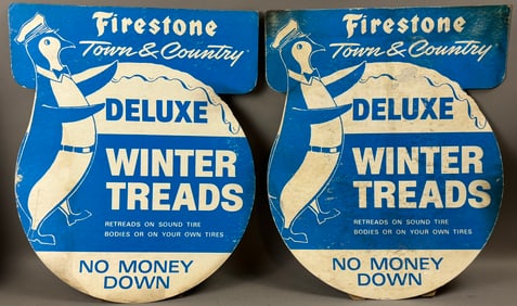 Pair Firestone Delux Winter Treads Cardboard Easelback Signs w/ Penguins