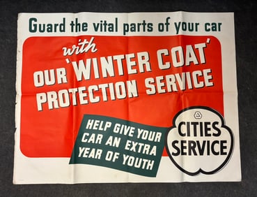 Cities Service Winter Coat Protection Service 1950s Paper Advertising Sign