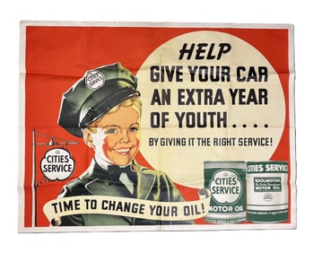 Cities Service Motor Oil 40s-50s Poster Advertising Sign w/ Boy Attendant