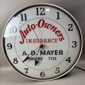 Auto Owners Insurance A.D. Mayer Michigan 18" Advertising Clock by Lacker