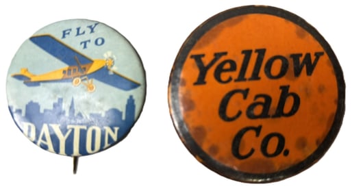 Yellow Cab Co & Fly To Dayton Original 20s-30s Pinback Buttons