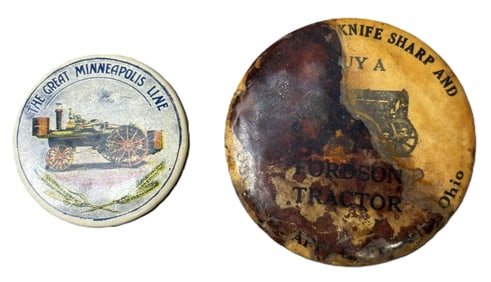 Pair Antique Minneapolis Line & Fordson Tractor Pinback Buttons