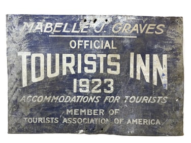 1923 Official Tourists Inn Mabelle J Graves Painted Metal Advertising Sign