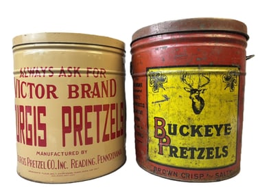 Pair Buckeye & Sturgis Pretezels Original 1920s Metal Advertising Cans