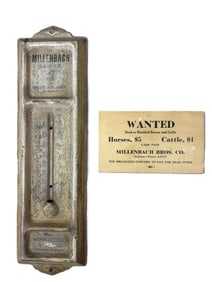 Millenbach Bros Michigan Dead or Disabled Horses & Cattle Thermometer & Paper Advertising