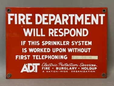 Fire Department Will Respond ADT SSP Porcelain Advertising Sign
