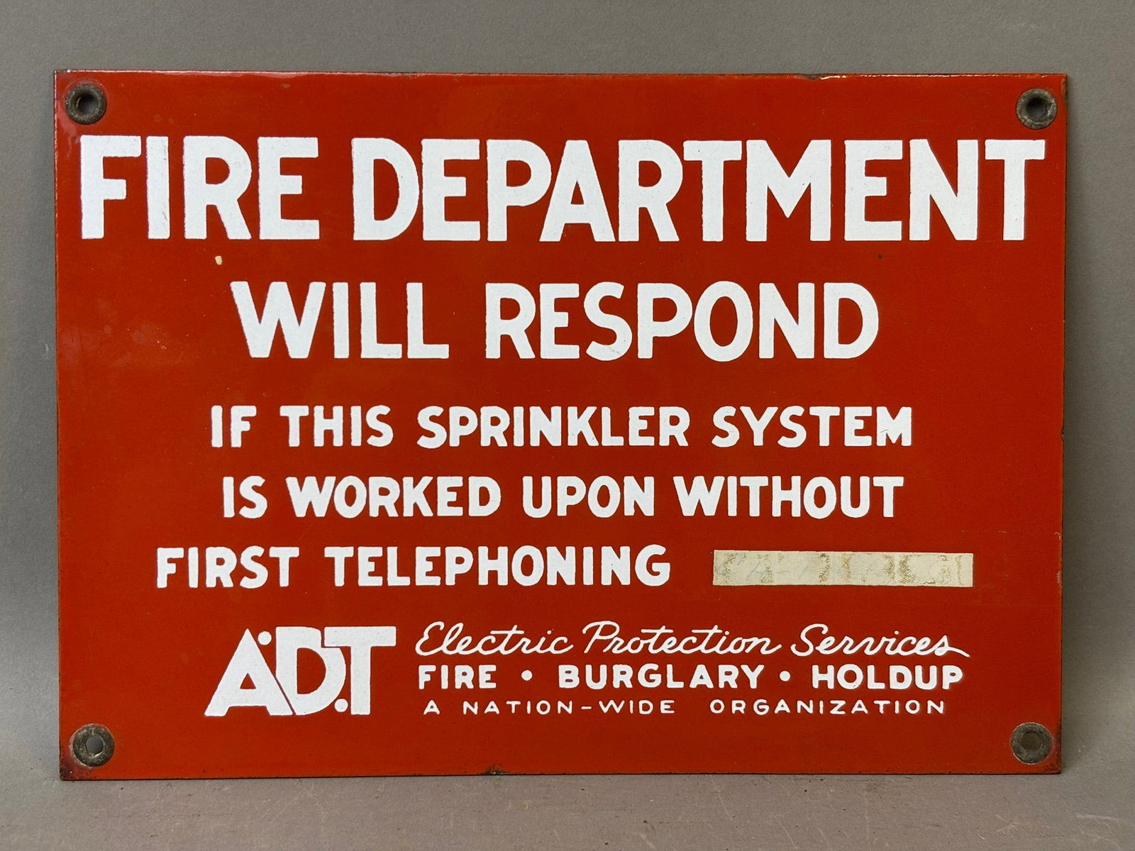 Fire Department Will Respond ADT SSP Porcelain Advertising Sign: 10" x 7" - See all photos for a better idea on condition. All items are sold as-is, where-is! This is a simulcast auction event, with in house bidding offered, along with multiple online bidding platf