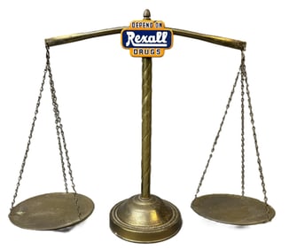 Depend On Rexall Drugs Original 1940s Brass Store Display Scale & Porcelain Sign