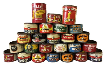 Lot 25 Original 1LB Coffee Can Tins Spartan Hills Maxwell Beech Nut & More