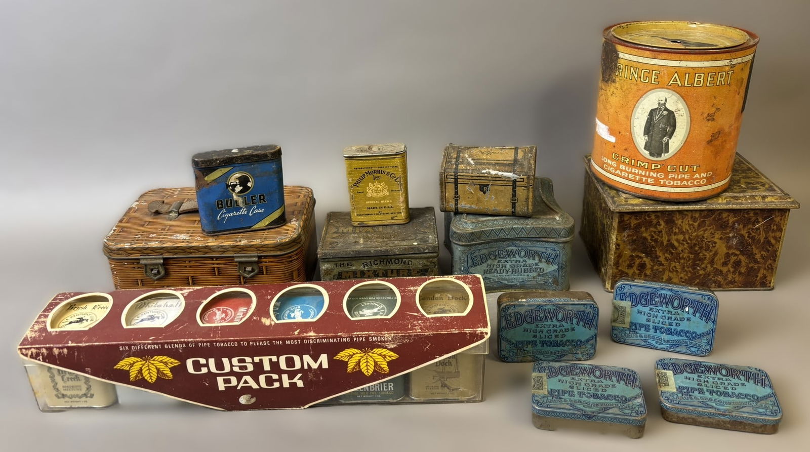 Lot 13 Original Tobacco Tins Prince Albert Edgeworth Bugler: See all photos for a better idea on condition. All items are sold as-is, where-is! This is a simulcast auction event, with in house bidding offered, along with multiple online bidding platforms. If yo