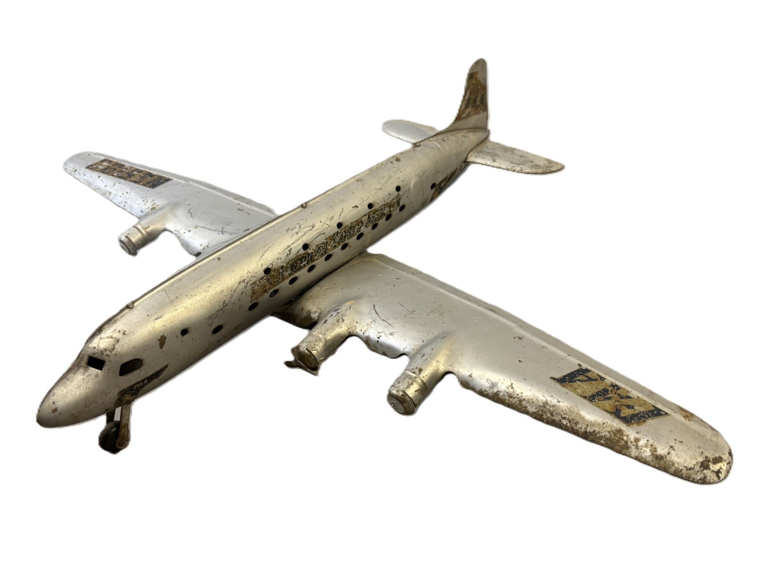 Pan American World Airways Original Pressed Steel PAA Airplane: 27.5" wing span, 21.5" long x 5.5" wide tail - See all photos for a better idea on condition. All items are sold as-is, where-is! This is a simulcast auction event, with in house bidding offered, alon