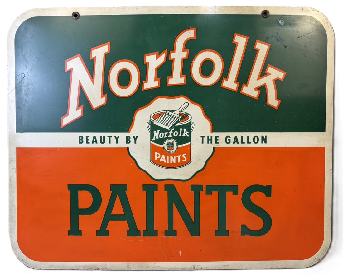 Norfolk Paints Original DST Painted Metal Advertising Sign: 30"x24" - See all photos for a better idea on condition. All items are sold as-is, where-is! This is a simulcast auction event, with in house bidding offered, along with multiple online bidding platfo