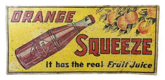 Orange Squeeze SST Embossed Soda Pop Sign Ca 1940s NOS