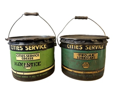Pair Cities Service 25LB Trojan Lubricant & Manistee Grease Cans