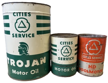Lot 3 Cities Service Cans 2 Motor Oil Quarts & 1 5 Trojan