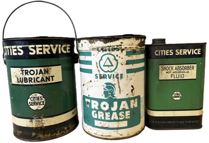 Lot 3 Cities Service Metal Cans Pair 5LB Grease Cans & Shock Quart